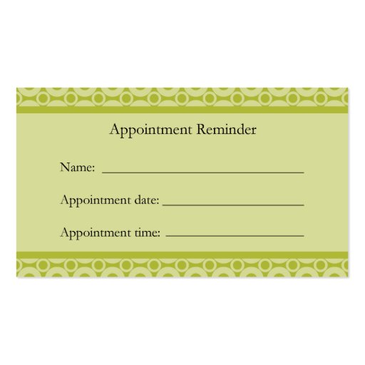 Green Appointment Reminder Card Business Card Templates (back side)