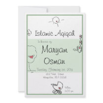 Green Aqiqah invitation with cute cartoon drawing