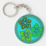 Green & Aqua Hawaiian Hibiscus Tropical Flowers Key Chain