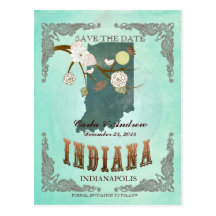 Green Aqua Save The Date -IN Map With Lovely Birds Postcards