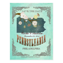 Green Aqua Save The Date -PA Map With Lovely Birds Post Card