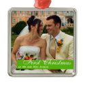 Green band couple first Christmas square photo ornament