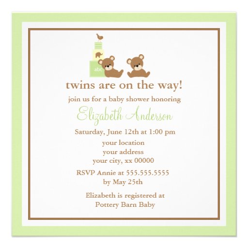 Green Bears Twins Baby Shower Personalized Announcement