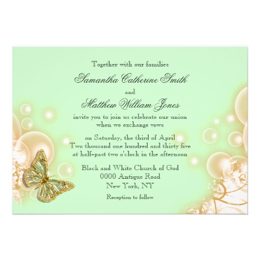Green beige butterfly wedding custom invitations