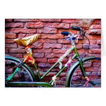 Green Bicycle Leaning Against a Brick Wall Cards