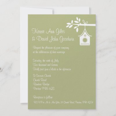 Green bird house wedding invitations