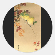 Green Birds on Maple Tree, Japanese Art c.1800s Sticker