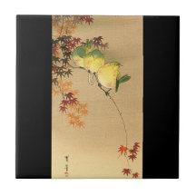 Green Birds on Maple Tree, Japanese Art c.1800s Ceramic Tile