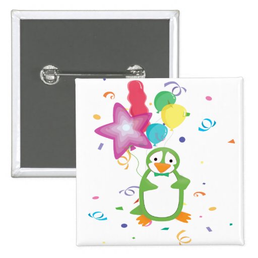 Green Birthday Penguin with Balloons Button