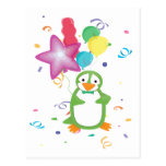 Green Birthday Penguin with Balloons Postcard