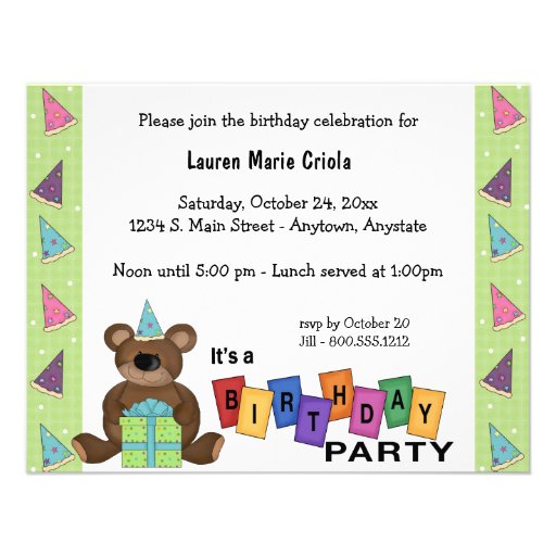 Green Birthday Present Bear Party Invitation