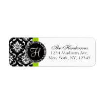 Green Black Damask Monogram Wedding Address Label