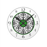 Green Black & White Damask Elegant Round Clock