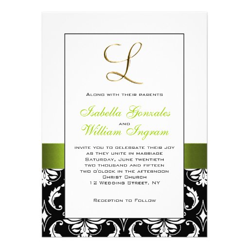 Green Black White Damask Initial L Wedding Invite