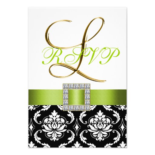 Green Black White Damask Initial L Wedding RSVP Custom Invite