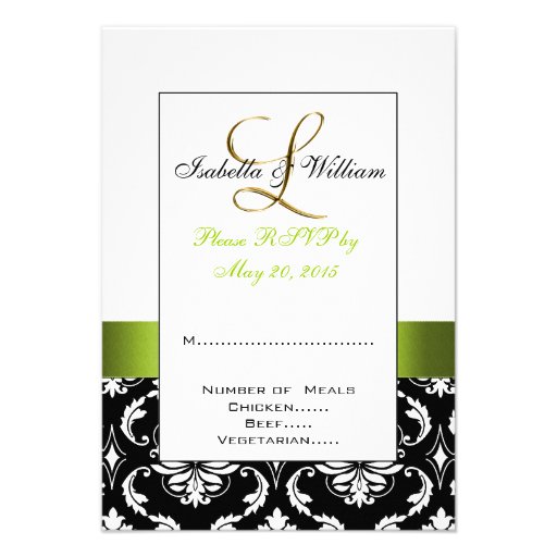 Green Black White Damask Initial L Wedding RSVP Custom Invite