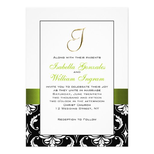 Green Black White Damask Initial Wedding Invite