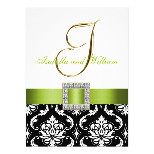 Green Black White Damask Initial Wedding Invite