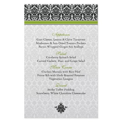 Green, Black, White Damask Menu Card Flyers