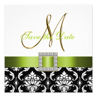 Green Black White Damask Save the Date Card