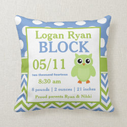 Green Blue Owl Baby Announcement Pillow