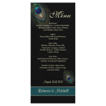 Green blue peacock feathers on black  Menu Rack Card Design