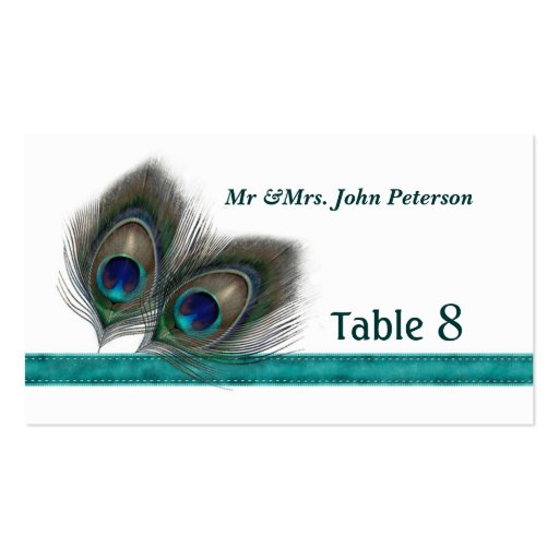 Green blue peacock feathers Place card Business Cards (front side)