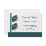 Green blue peacock feathers Save the date Invite