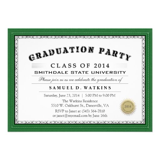 Green Border 2014 Diploma Graduation Party Invite (front side)