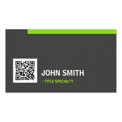 Green Border in Simple Grid Pattern with QR Code Business Cards