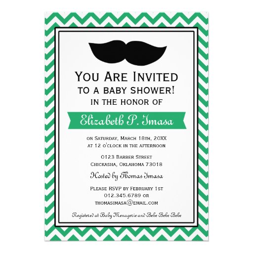 Green Boy Moustache Chevron Baby Shower Invites