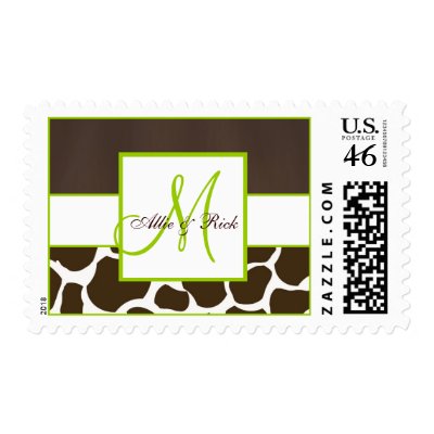 Green Brown Giraffe Pattern Wedding Postage Stamps