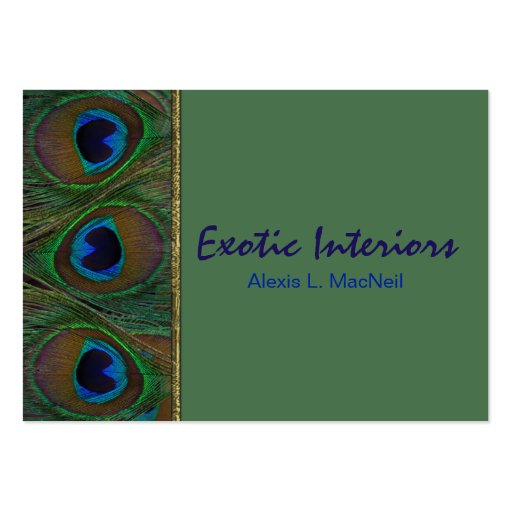Green, Brown, Gold Peacock Feathers Business Card (front side)