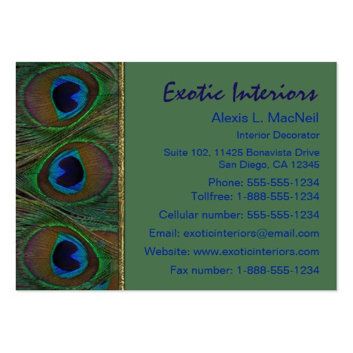 Green, Brown, Gold Peacock Feathers Business Card (back side)