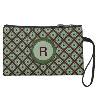 Green Brown Monogram Crisscross Pattern Wristlet Purses