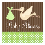 Green Brown Stork Dots Gender Neutral Baby Shower Announcement