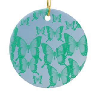 green butterflies in blue background Double-Sided ceramic round christmas ornament