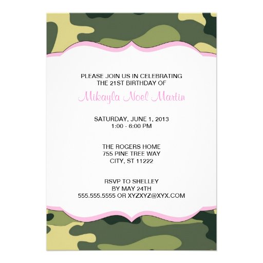 Green Camo with Light Pink Birthday Party Invite