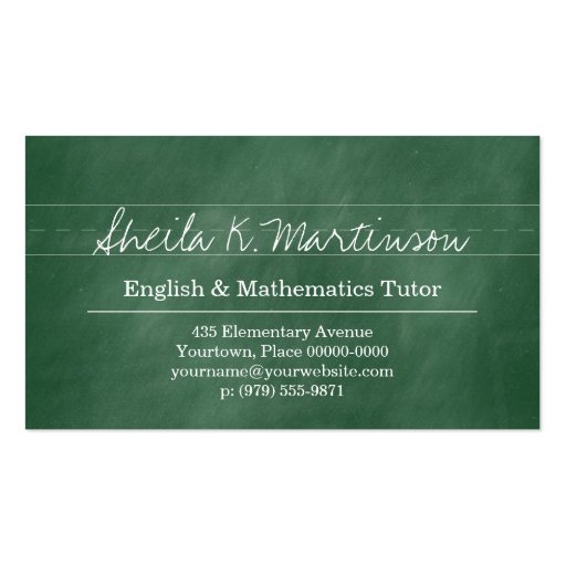 Green Chalkboard Teacher Tutor Business Card (front side)