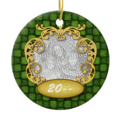 Green Checker Custom Photo Baby's First Christmas ornaments