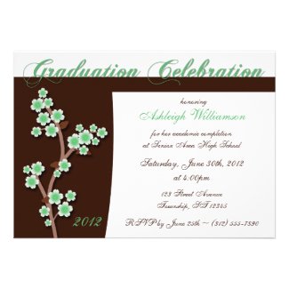 Green Cherry Blossom Brown Graduation Invitations