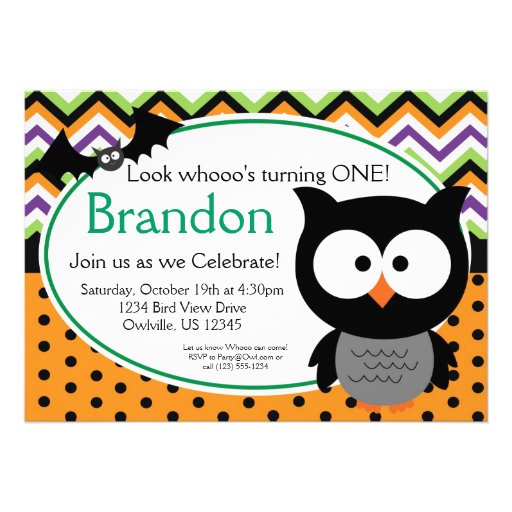 Green Chevron and Polka Dots Owl Halloween Invite