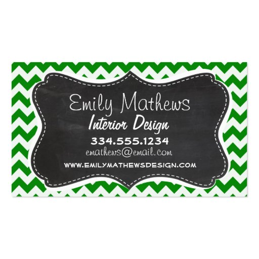 Green Chevron Stripes; Vintage Chalkboard Business Cards