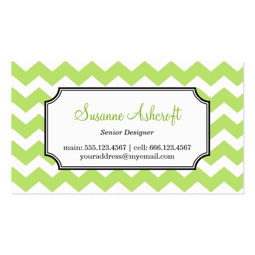 Green chevron zigzag pattern stylish personal business cards (front side)