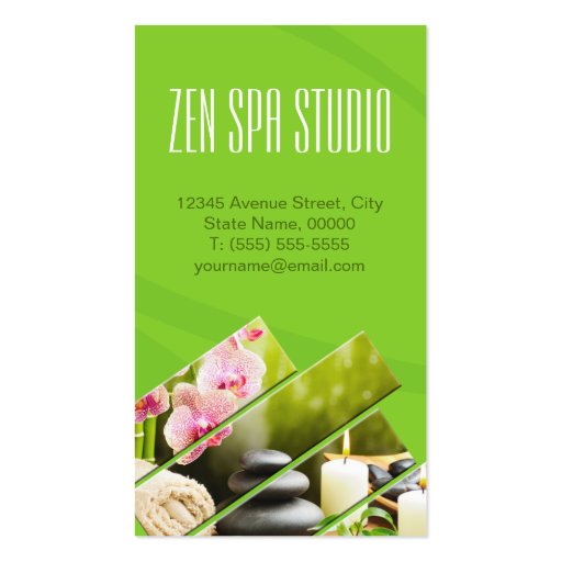 Green Chic Zen Spa Wellness Massage Therapist Business Cards (back side)
