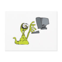 green computer typing alien monster blob post cards