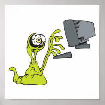 green computer typing alien monster blob print