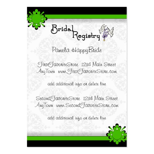 Green Crest Damask Bridal Registry Cards Business Card Template (front side)