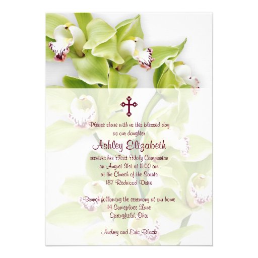 Green Cymbidium Orchid First Communion Invitation