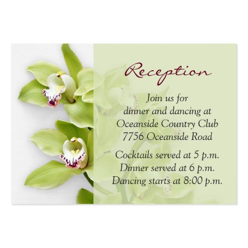 Green Cymbidium Orchid Wedding Reception Insert Business Card Templates (front side)